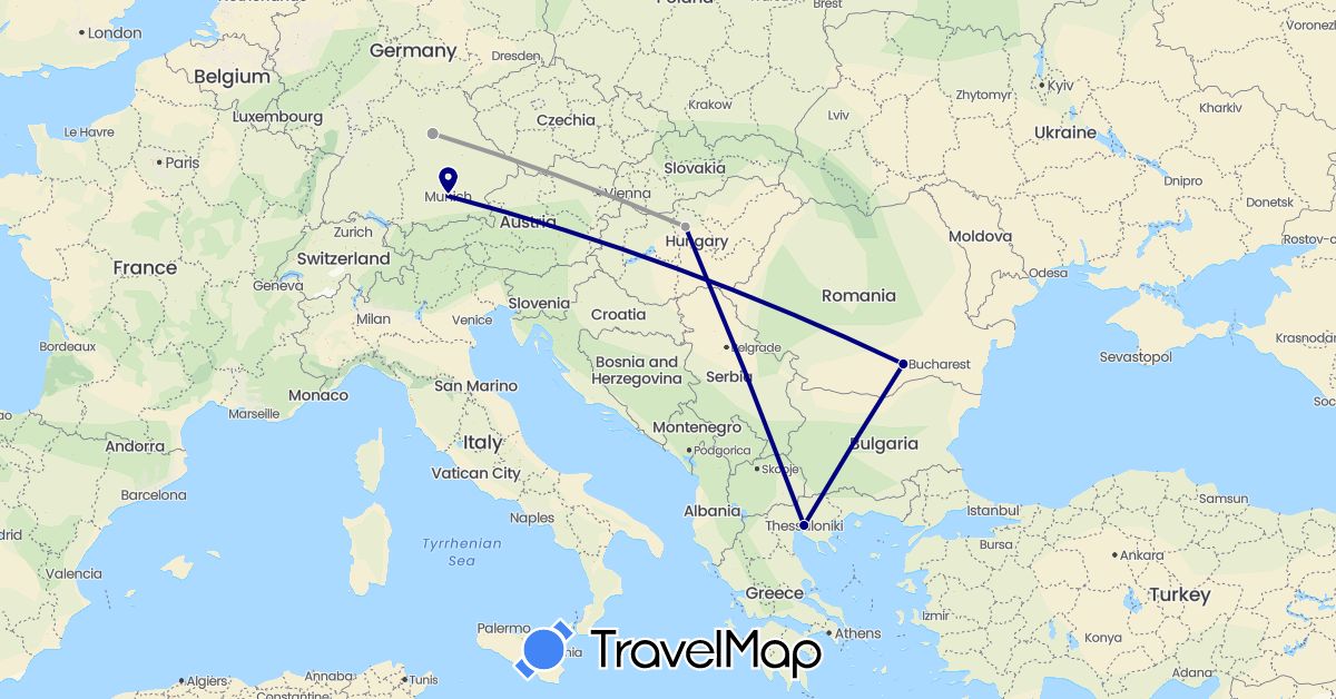 TravelMap itinerary: driving, plane in Germany, Greece, Hungary, Romania (Europe)